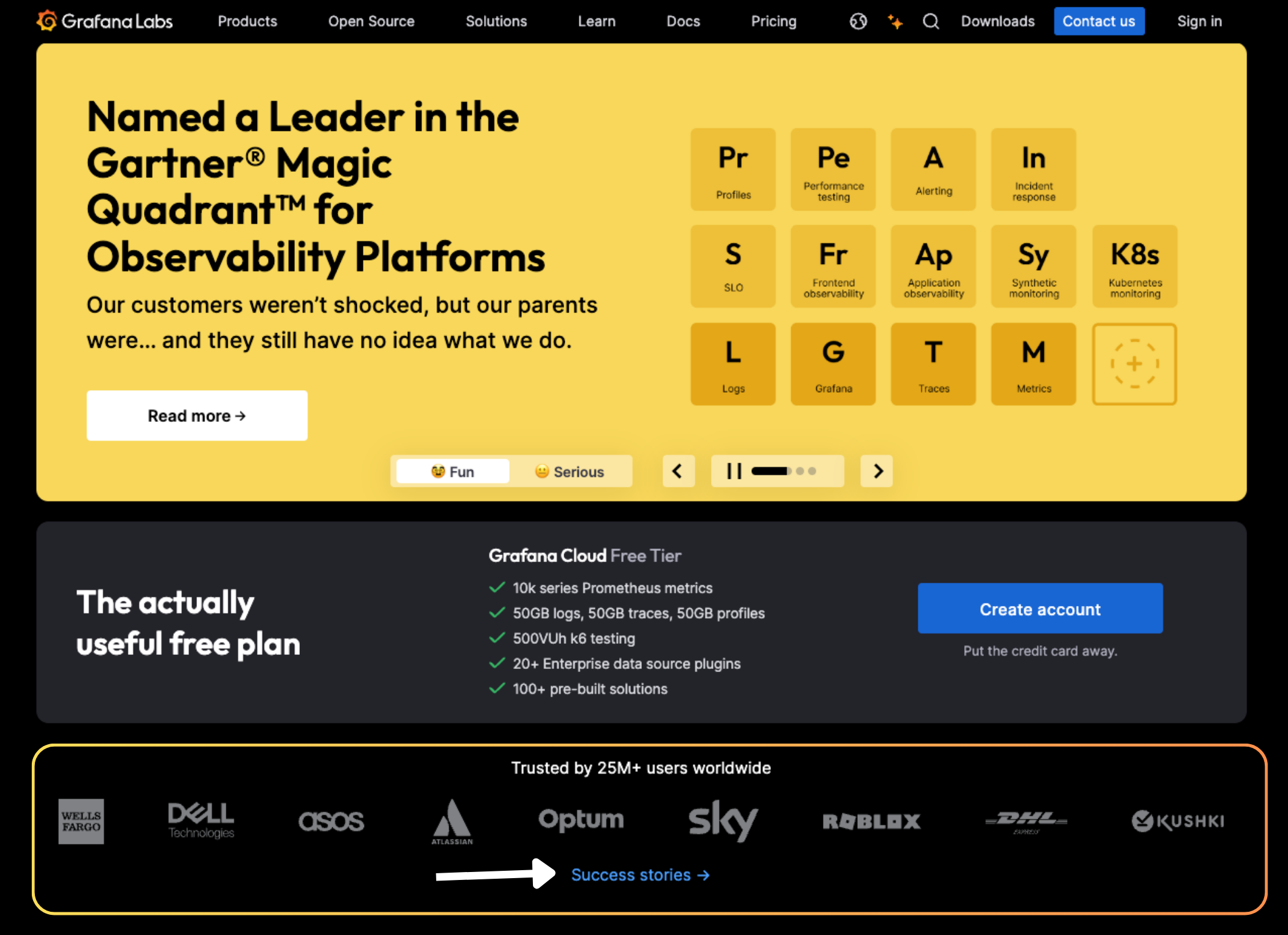 Screenshot of Grafana's homepage hero section showing customer story links